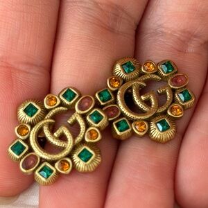 Gucci Gold-Tone GG Crystal Cluster Stud Earrings - Green & Amber